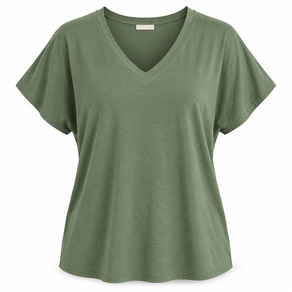 Sivana Womens Olive Green V-Neck Dolman Short Sleeve Curved Hem Tee Shirt Size S
